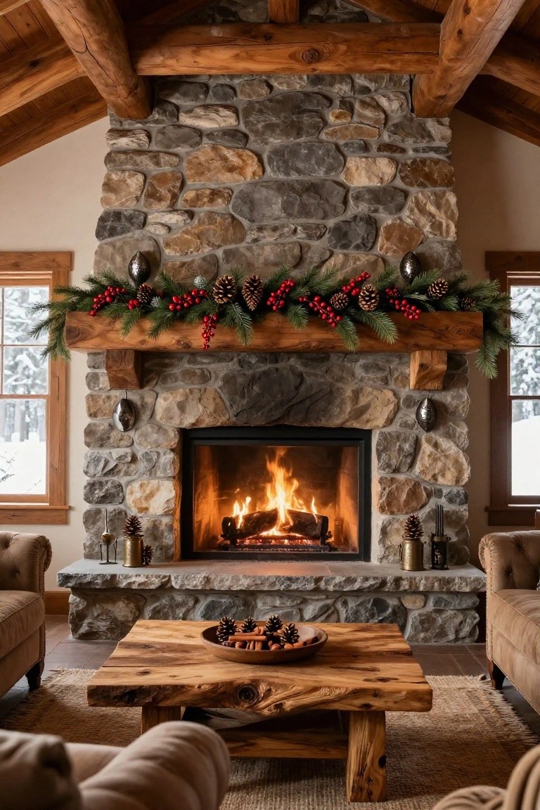Rustic living room with tall stone fireplace, wooden beam mantle decorated with pine branches, red berries, pinecones, and metallic ornaments, beige armchairs, wooden coffee table with pinecones in a bowl, and snowy views through windows.