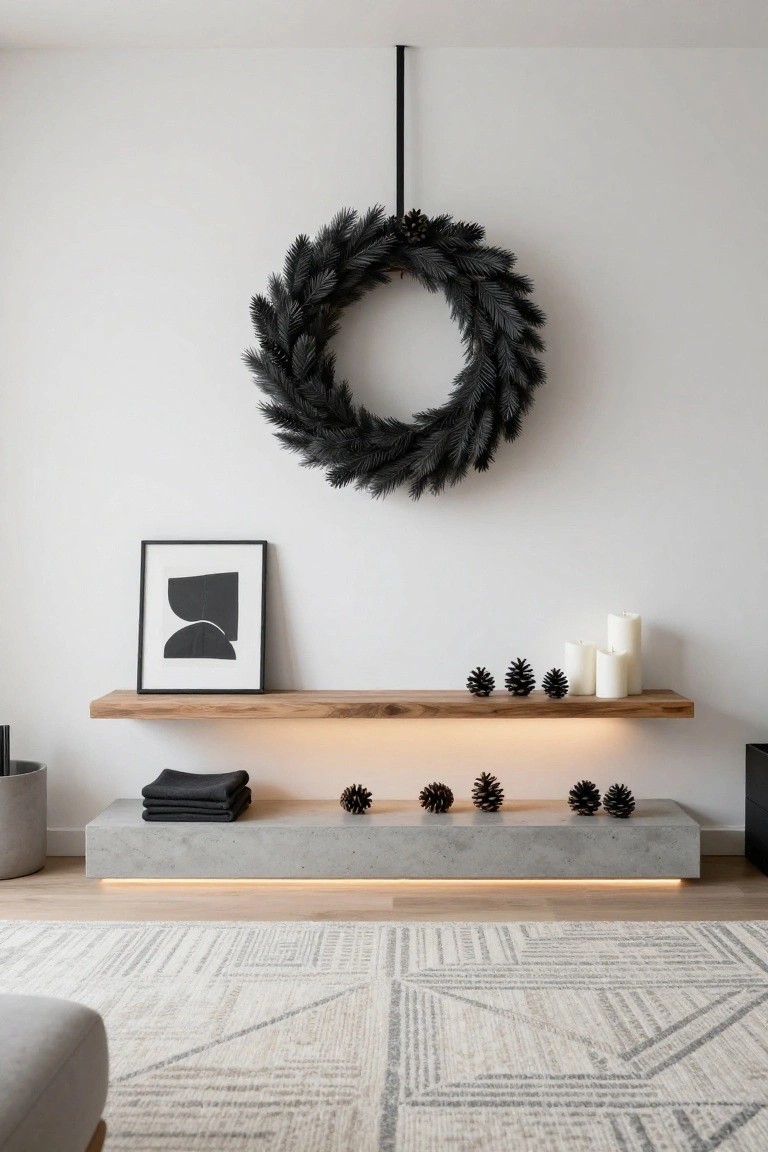 White wall with black pine needle wreath hanging from ceiling hook, black-framed abstract art and wooden floating shelf holding black pinecones and white pillar candles, lower concrete shelf with black towels, pinecones, and LED underlighting, gray concrete pots, light wood floor, and light gray geometric rug.