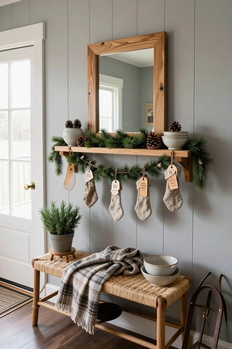 Light gray vertical paneled wall in an entryway with wooden shelf holding an oak-framed mirror, decorated with fir garland, pinecones in ceramic bowls, and hanging beige linen Christmas stockings with paper tags, rattan bench with plaid blanket and stacked bowls below, potted rosemary plant, and wooden skis leaning nearby next to a white door.
