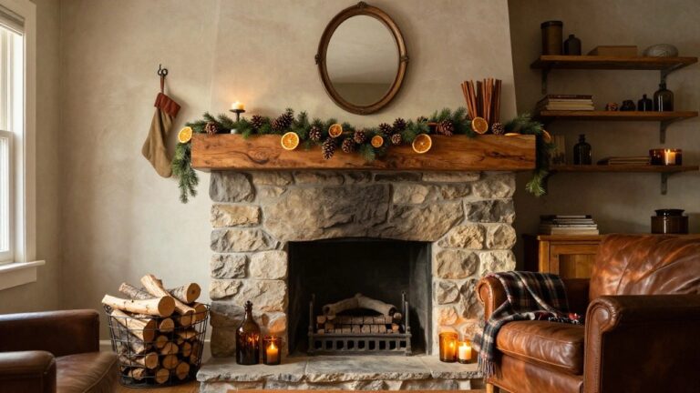 Stone fireplace with rough wood beam mantel holding a garland of pinecones, dried orange slices, and cinnamon sticks, plus a matching wreath around a round mirror above, leather armchairs with plaid blanket on wood floor.