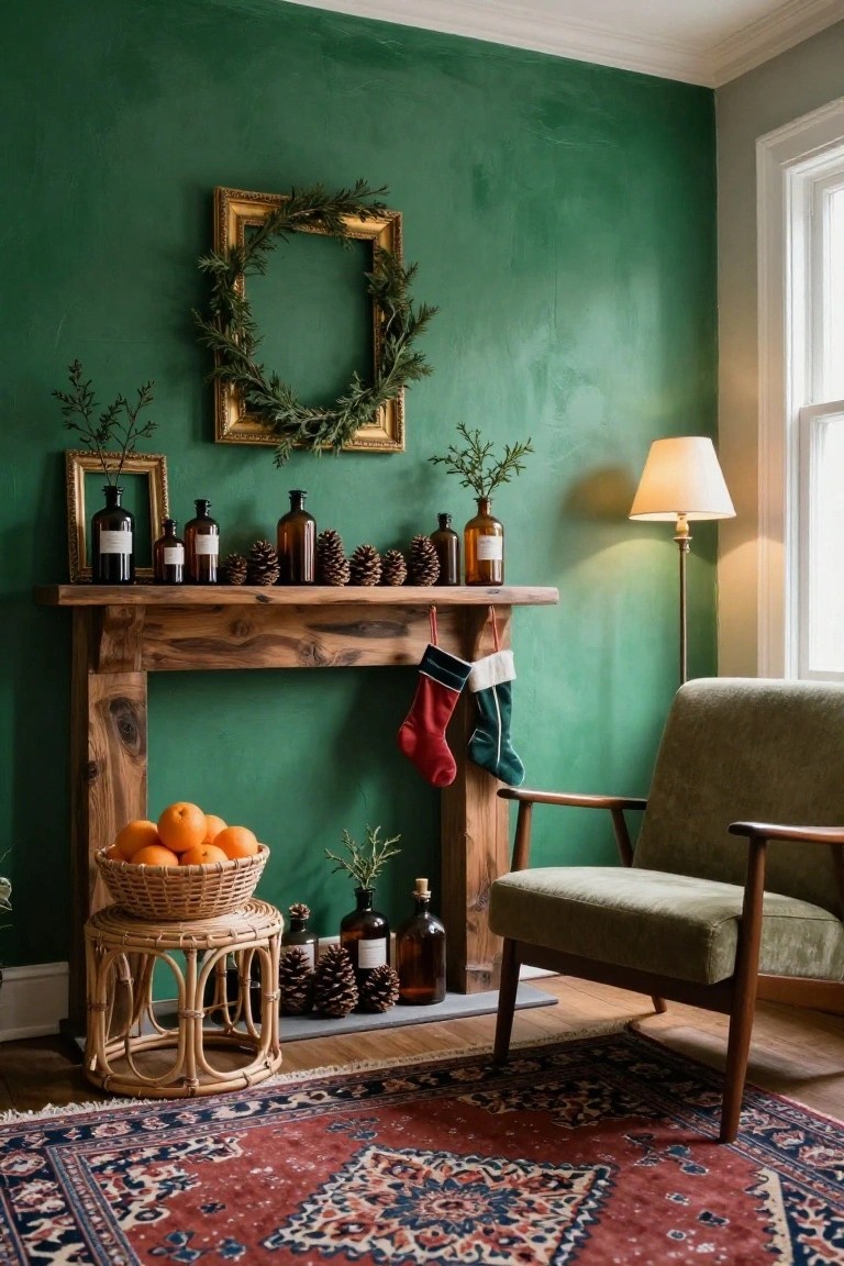 A textured emerald green wall in a room with a wooden fireplace mantel holding pinecones, glass bottles, fir branches, and red and green Christmas stockings, plus a gold-framed evergreen wreath above, rattan basket of oranges nearby, and green armchair on a red rug.