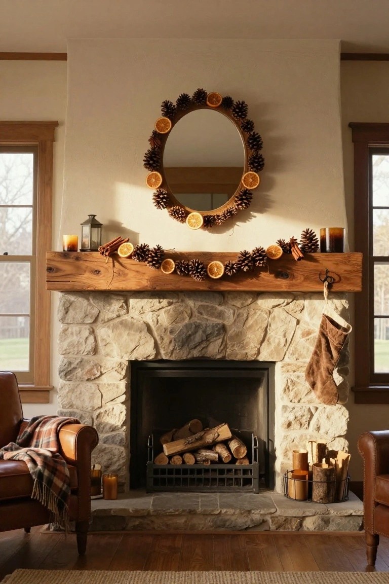 Stone fireplace with rough wood beam mantel holding a garland of pinecones, dried orange slices, and cinnamon sticks, plus a matching wreath around a round mirror above, leather armchairs with plaid blanket on wood floor.