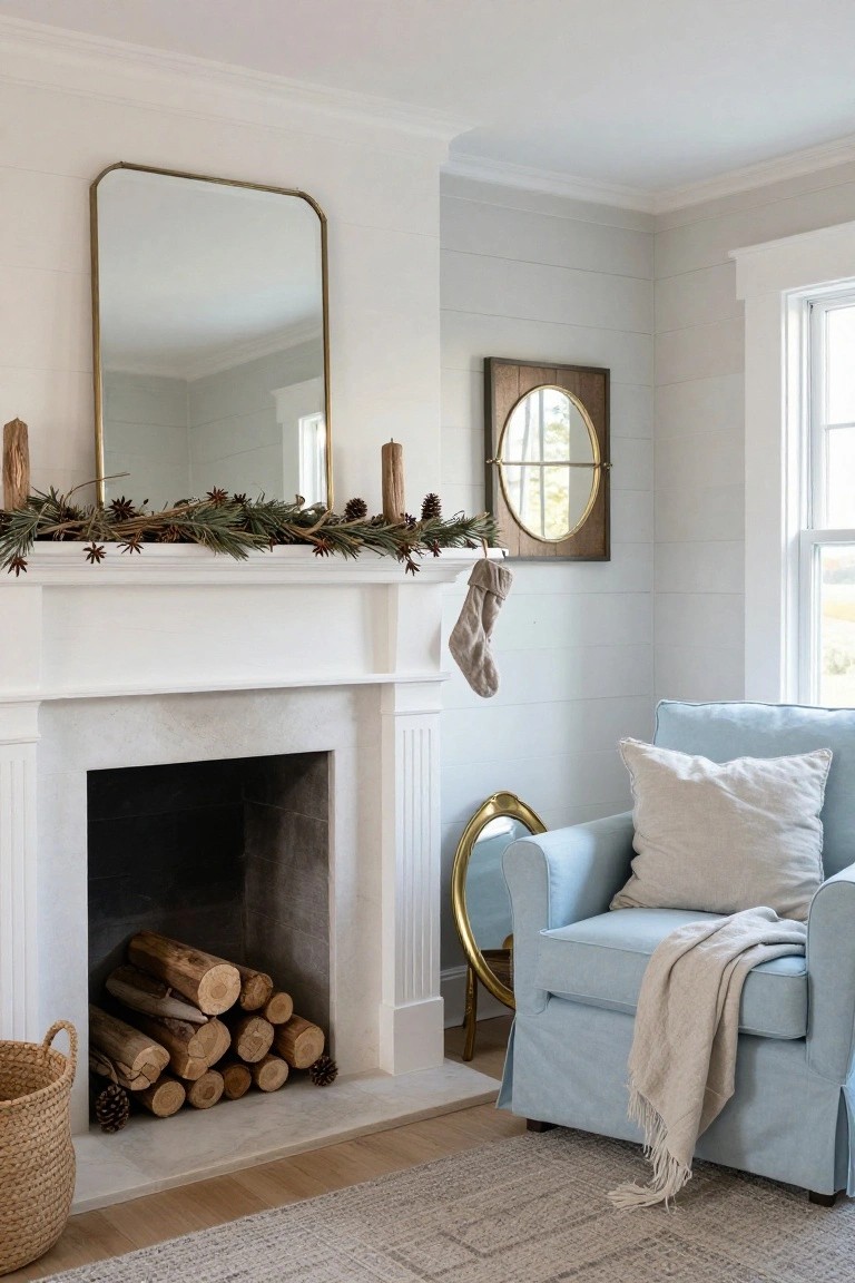 White fireplace mantel decorated with pine branches, pinecones, star anise, and candles, flanked by a gold mirror and wood logs in a basket nearby, blue slipcovered chair in the corner.