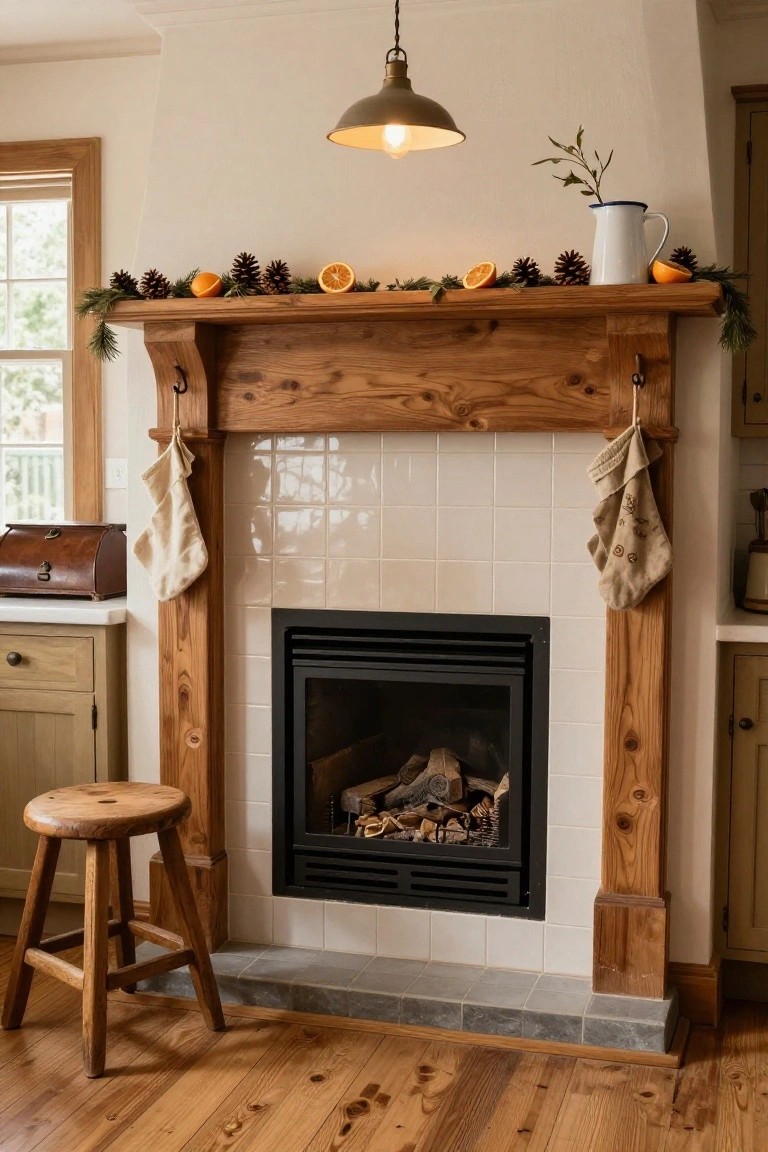 Rustic wooden fireplace mantel with pine garland, pinecones, dried orange slices, and cream stockings hanging from hooks, gas fire burning inside, wooden stool nearby on hardwood floor.