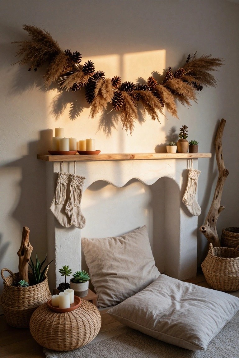 A white stucco fireplace mantel decorated with a garland of pinecones and dried pampas grass, neutral macrame stockings hanging from wooden hooks, candles on wooden shelves above, potted succulents, woven baskets, and floor pillows nearby.