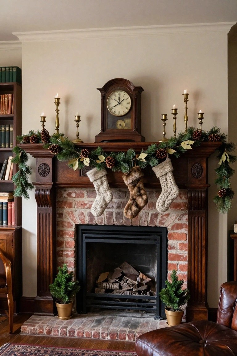 Pinecone Garland on Brick Mantel