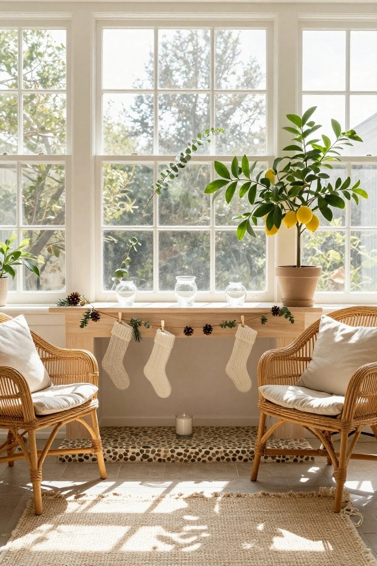 Sunlit interior with large white-framed windows, wooden ledge holding pinecones, eucalyptus garland, glass vases, and white stockings hanging from wooden clothespins, flanked by rattan chairs and potted plants including a lemon tree.