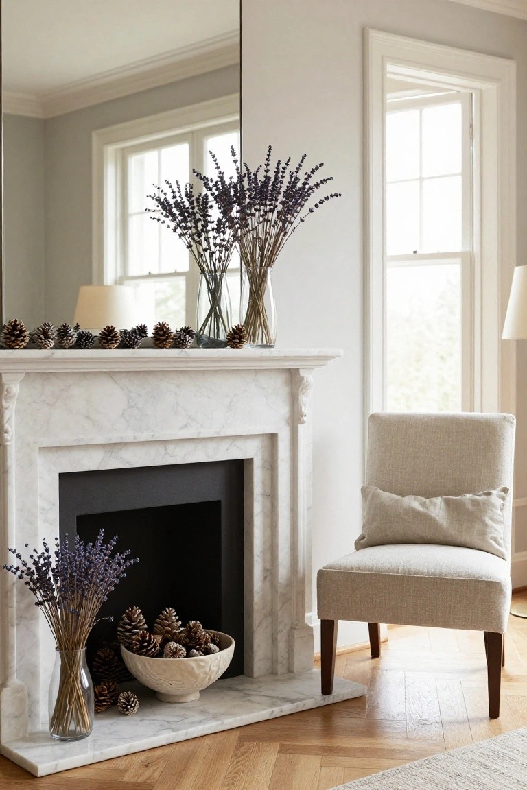 Marble fireplace mantel topped with rows of pinecones and glass vases of lavender, a large mirror above, pinecone-filled bowl in the hearth, cream chair beside, in a light gray room with windows.