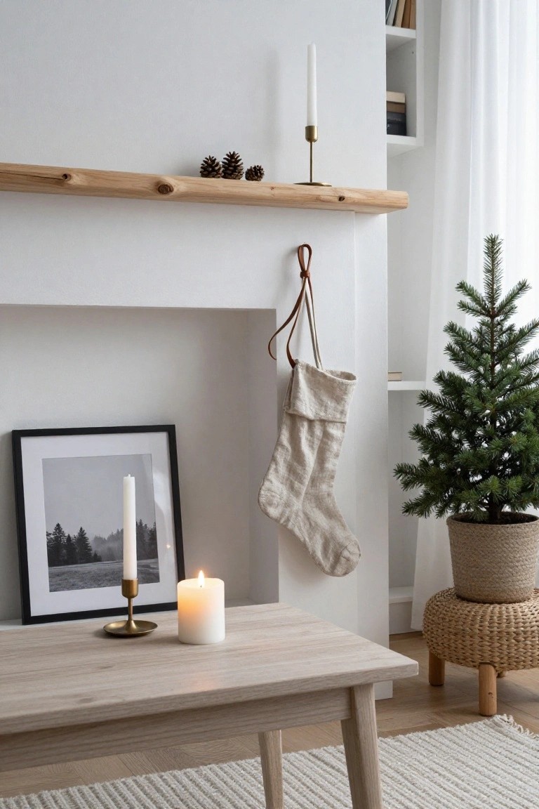 White living room with raw oak wood shelf mantel holding pinecones and brass candlestick, linen stocking hanging from leather strap by fireplace, white candles on oak table below, small potted Christmas tree in woven basket on rattan stool.