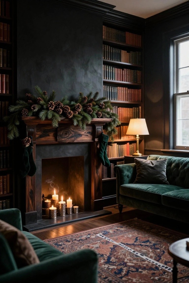 Rustic Wood Mantle with Pinecone Garland