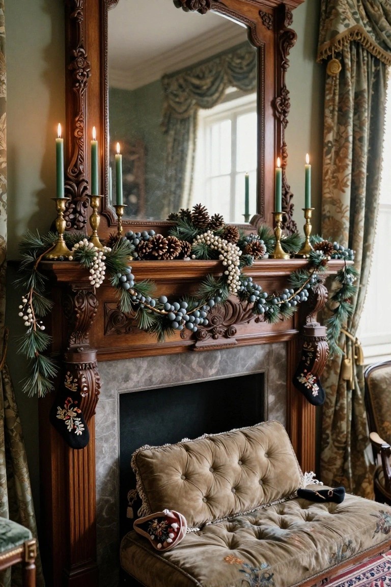 Ornate wooden mantel over marble fireplace in green-walled room, decorated with cedar garland, pinecones, blue and white berries, green candles in brass holders, flanked by large carved mirror and velvet bench.