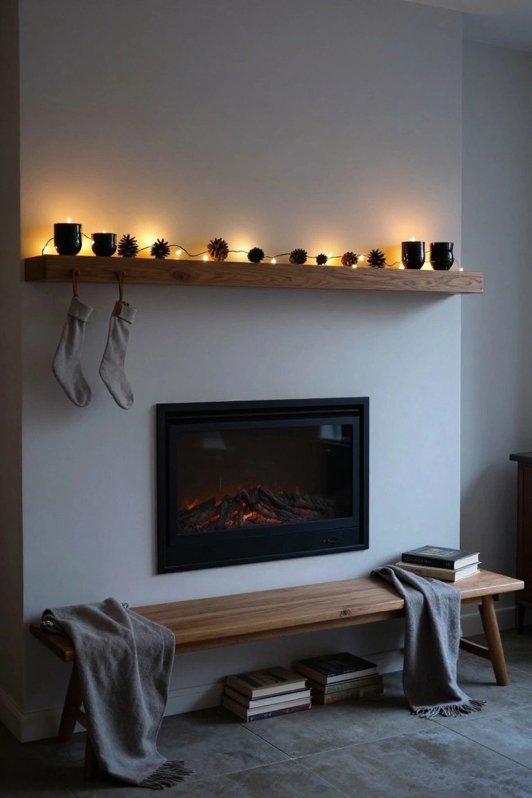 Wooden mantel above a black-framed electric fireplace decorated with pinecones on string lights, black candles, and hanging gray stockings, with a wooden bench holding books and gray throws below.