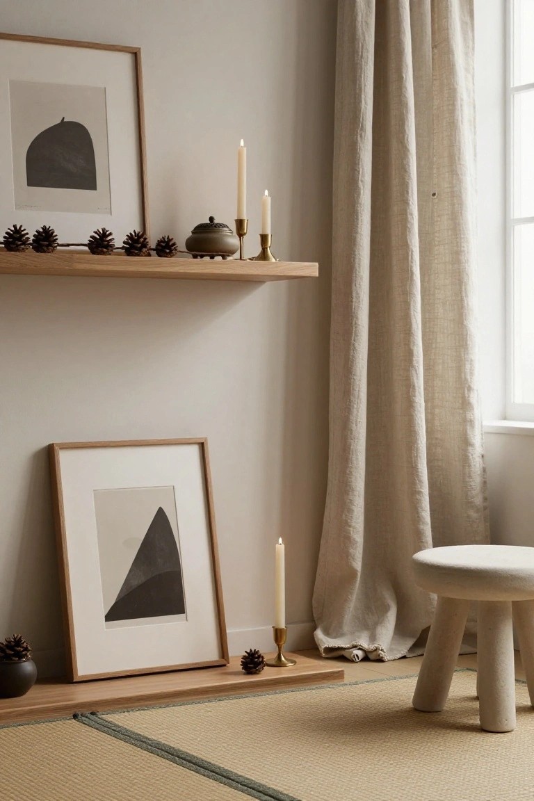 Oak floating shelves in a beige interior corner displaying clusters of pinecones, beige candles in brass holders, a gray ceramic incense burner, and two framed abstract black line drawings, next to linen curtains, a white stool, and tatami floor mat.