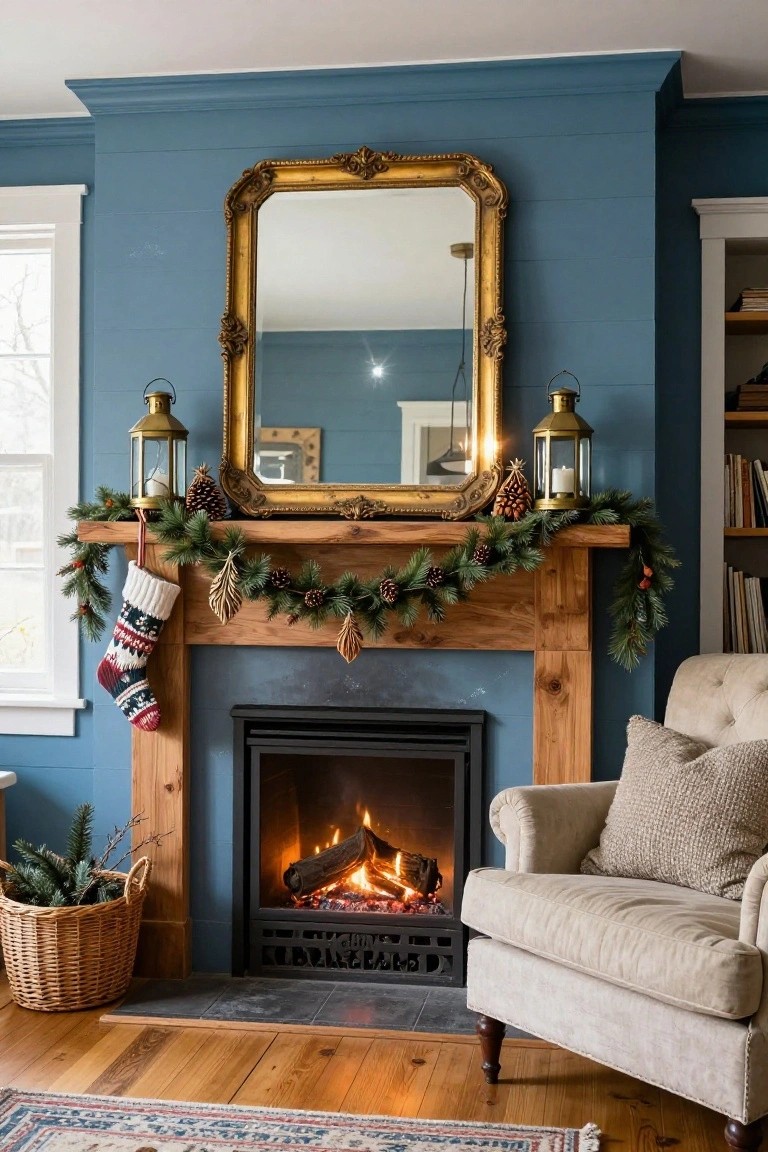 Blue shiplap wall with gold-framed mirror above wooden mantel fireplace holding evergreen garland with pinecones, feathers, red and white stocking, flanked by gold lanterns, with burning fire inside, cream armchair and basket of greenery nearby.