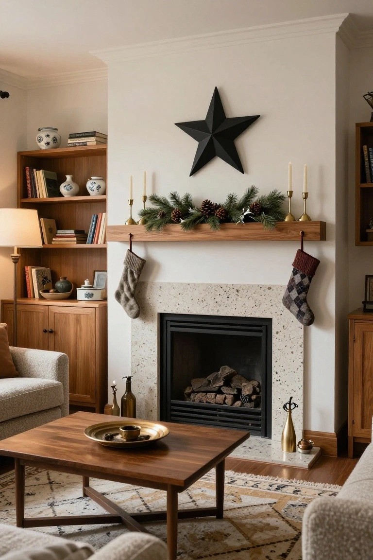 Living room with beige stone fireplace, floating wooden mantel shelf holding pine branch garland with pinecones and gold candles, wool and plaid Christmas stockings hanging nearby, wooden bookcases, beige sofas, and coffee table.