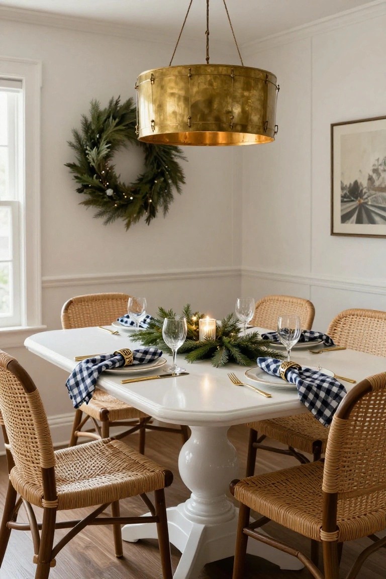 White oval pedestal dining table set with blue and white buffalo check napkins, gold flatware and napkin rings, wine glasses, plates, evergreen centerpiece with candles, rattan chairs, brass drum pendant light overhead, Christmas wreath on wall in white room with window.