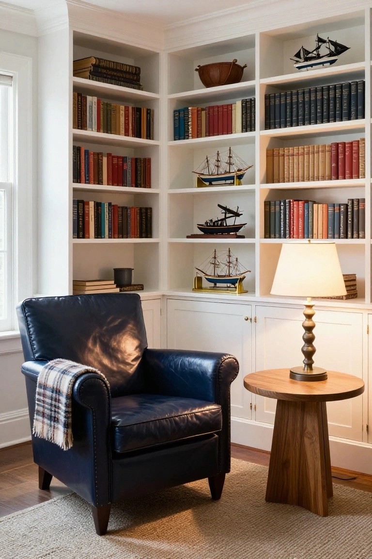 Navy leather armchair with plaid throw blanket draped over it, beside a wooden side table with lamp, in a white built-in bookshelf corner filled with books and model ships.