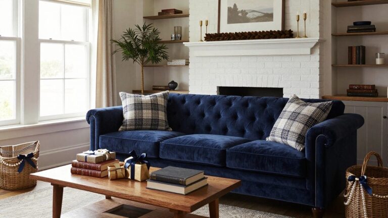 Cozy living room corner with navy blue tufted velvet sofa draped in plaid throw and neutral pillow, wooden coffee table holding wrapped gift box, stacked books, and lit brass candlesticks, white brick fireplace with candles, sheer curtained window, and potted plant decorated with pearl strands and blue bow in woven basket.