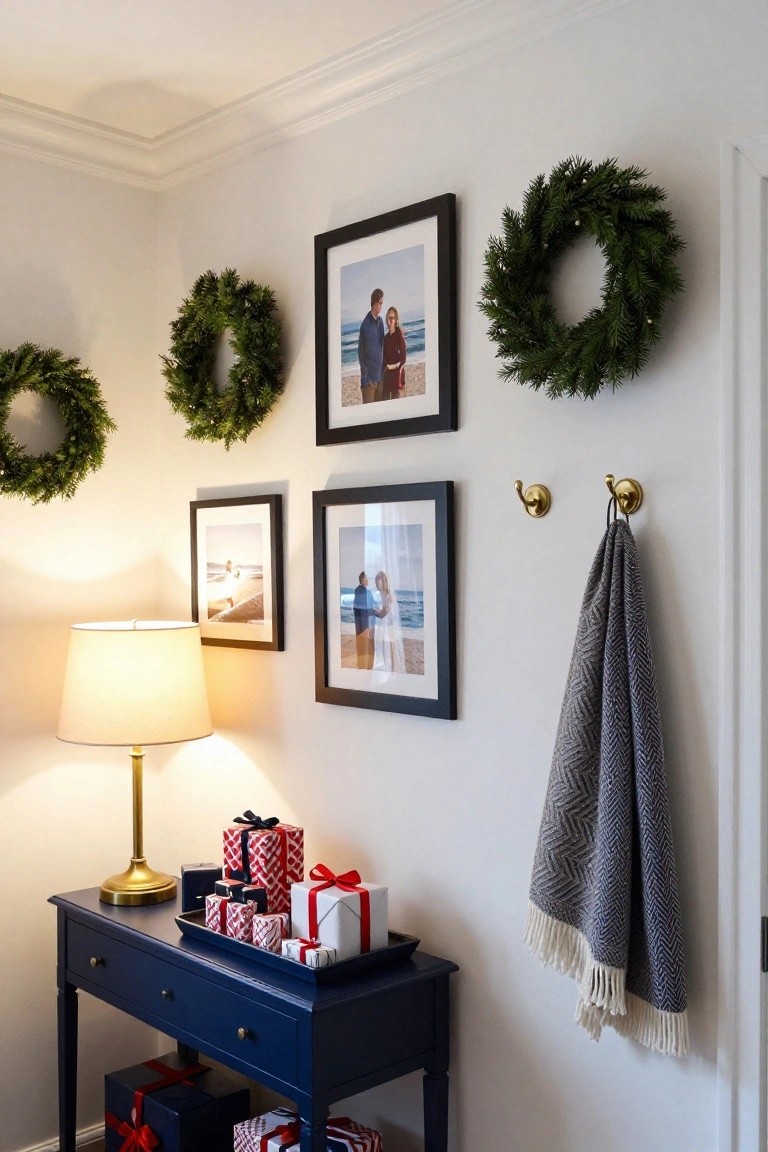 Navy console table in a white room corner holding wrapped red and white Christmas gifts and a brass lamp, with evergreen wreaths, black-framed beach photos on walls, brass hooks with a gray towel, and a door nearby.