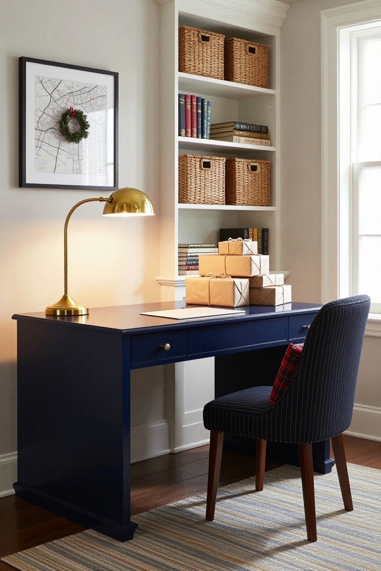 Navy wood desk with gold adjustable lamp and stacked wrapped cardboard gift boxes in a room with white bookshelves, wicker baskets, plaid chair, and framed map with wreath on wall.