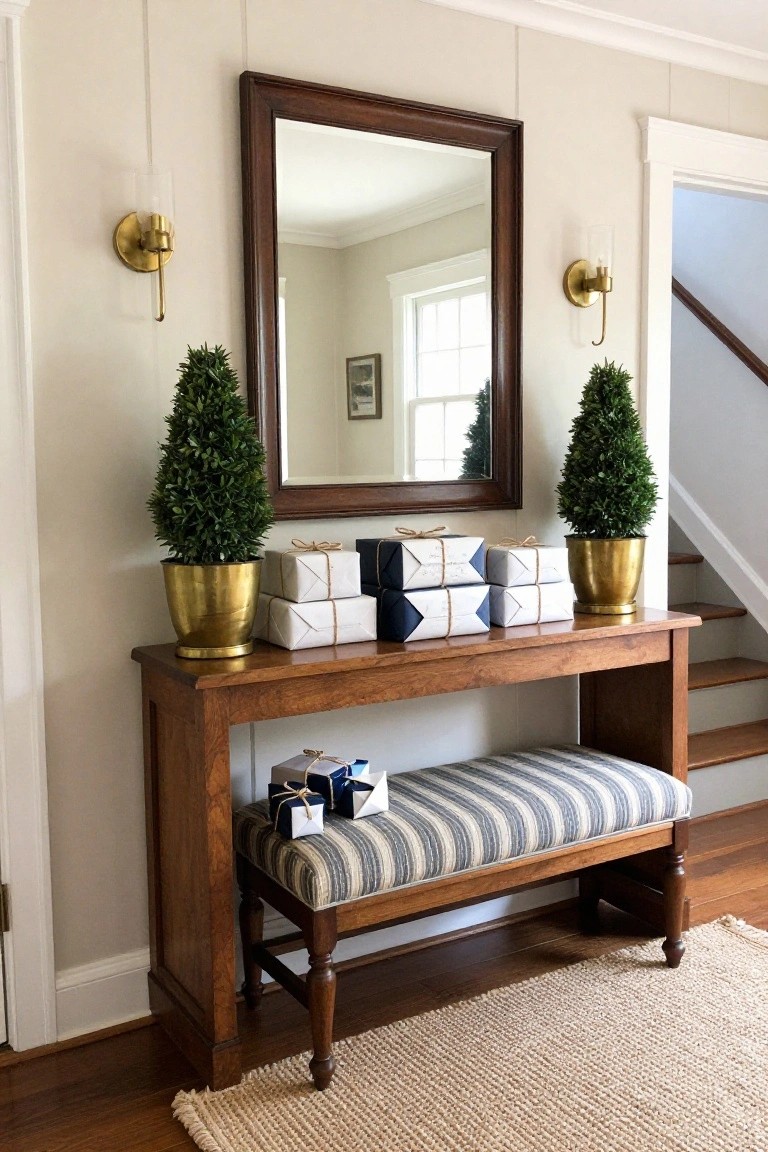 Wooden console table in a light-walled entryway holds brass pots with conical boxwood topiaries and stacked wrapped gifts in white and navy paper, next to a large wood-framed mirror, brass sconces, and a striped bench at the bottom of stairs.