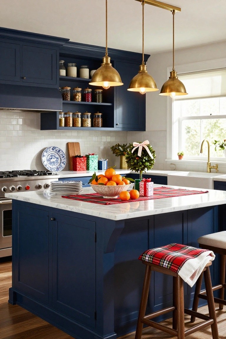 Navy blue kitchen with white subway tile backsplash, marble island topped by red plaid runner holding bowl of oranges and gift boxes, brass pendant lights, wooden stools, and holiday plants near sink.