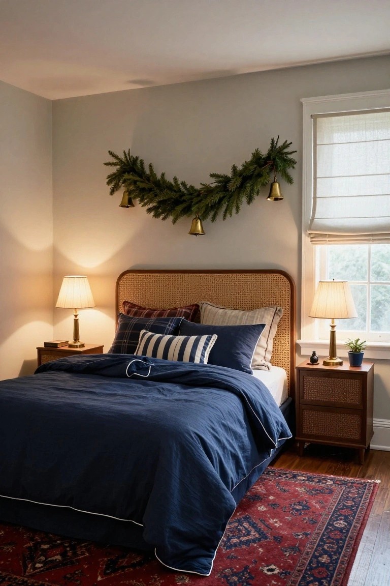 Bedroom with rattan headboard bed covered in navy linens and patterned pillows, flanked by brass table lamps on rattan nightstands, evergreen garland draped with gold bells on the wall above the bed, and a window with white shades.