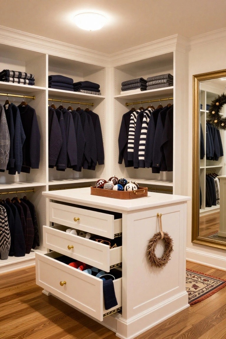 White walk-in closet with navy sweaters and shirts on hangers, central white island dresser with open drawers revealing shoes socks and clothing, wooden tray of assorted Christmas ornaments on top, gold-framed mirror, wreaths, and hardwood floor.