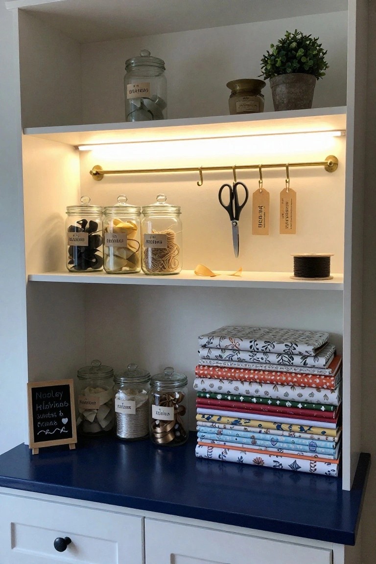 White open shelving unit displaying labeled glass jars with rubber bands, paper clips, threads, and other craft supplies, stacked colorful fabrics, hanging scissors on gold hooks, and a blue-painted countertop with drawers below.