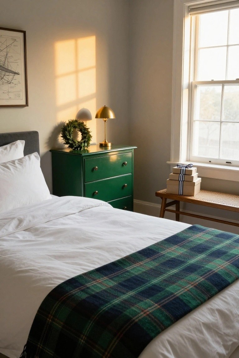 Bedroom interior with white bed topped by green plaid throw blanket, emerald green dresser holding gold lamp with wreath, stacked beige boxes tied with black and white ribbon on rattan bench, framed airplane print on wall, and window with sheer shade letting in sunlight.