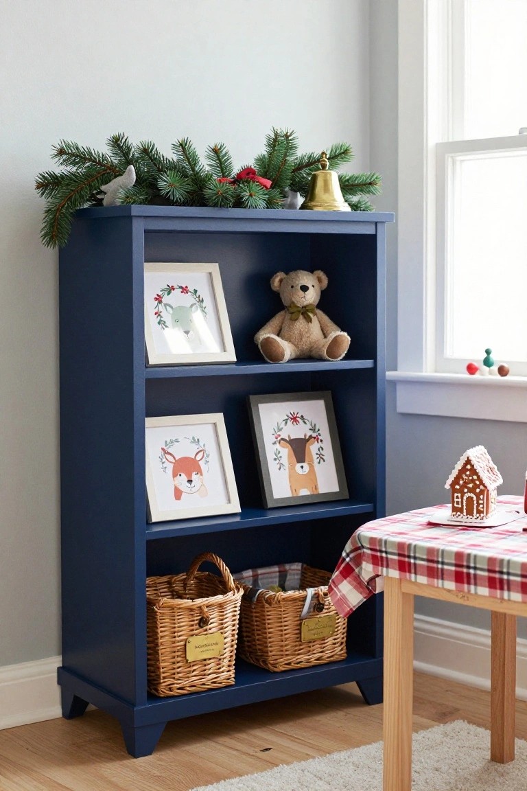 Navy blue wooden bookcase with evergreen garland, berries, a gold bell, and a white bird on top, framed artwork of animals with wreaths on shelves, a teddy bear, and two labeled woven baskets at the bottom, next to a plaid table holding a gingerbread house in a light room with a window.