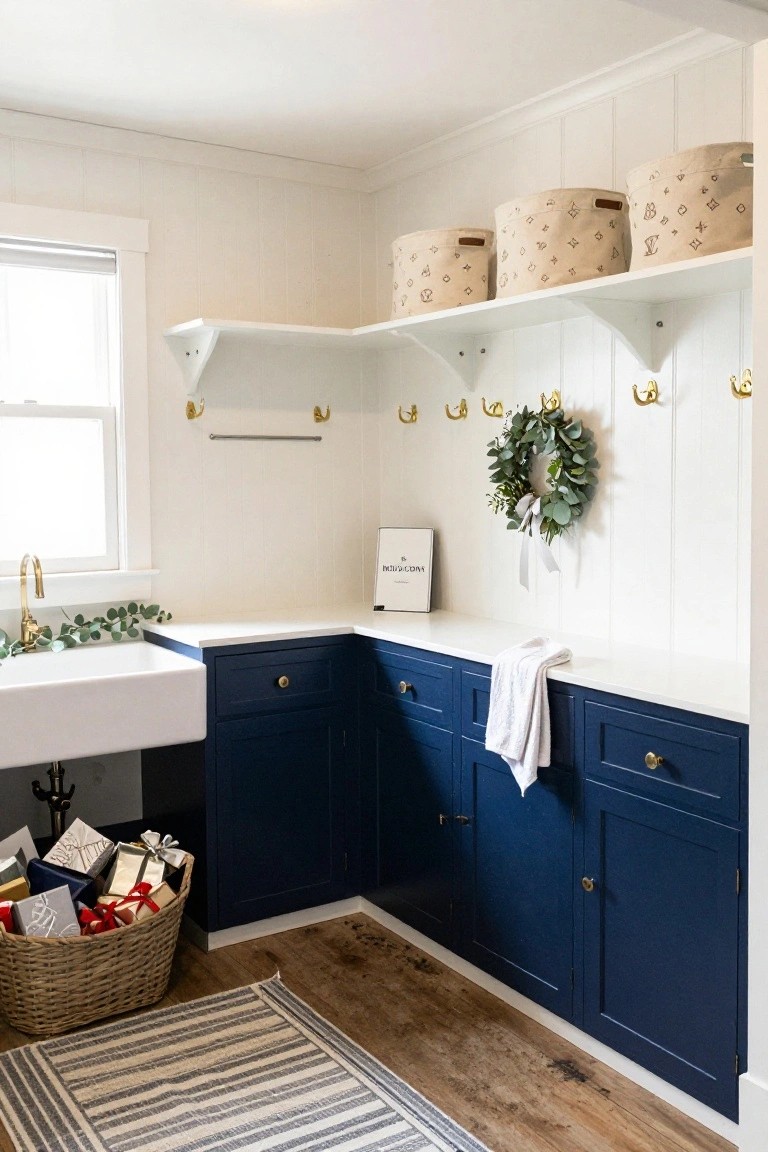 White-walled laundry room featuring dark navy lower cabinets, white farmhouse sink, wrapped Christmas gifts in a wicker basket on the wood floor, eucalyptus wreath on the wall, gold hooks, and beige patterned baskets on white shelves.