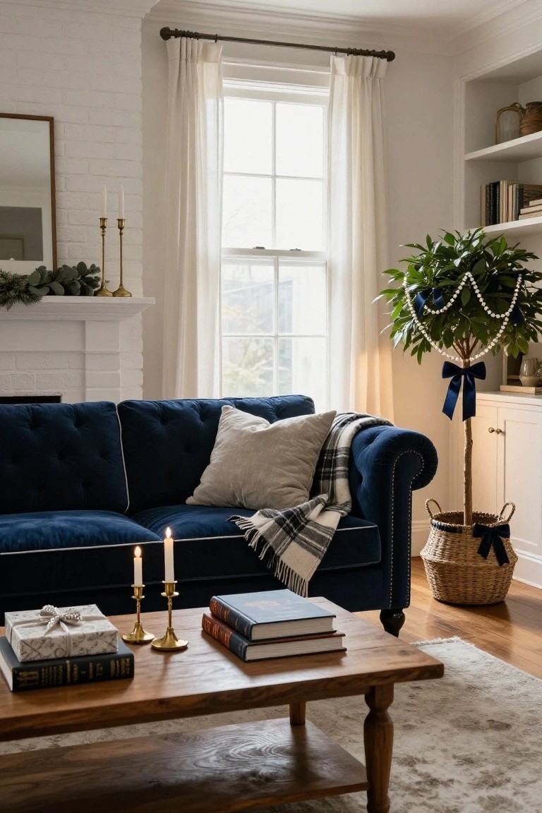 Cozy living room corner with navy blue tufted velvet sofa draped in plaid throw and neutral pillow, wooden coffee table holding wrapped gift box, stacked books, and lit brass candlesticks, white brick fireplace with candles, sheer curtained window, and potted plant decorated with pearl strands and blue bow in woven basket.
