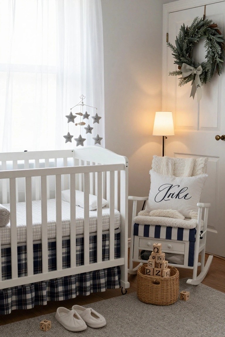 Nursery room with white crib featuring navy plaid skirt and bedding, gray star mobile above, rocking chair with white fur throw and "Jake" pillow, wooden blocks in a basket, white slippers on gray rug, and green eucalyptus wreath with bow on white door.