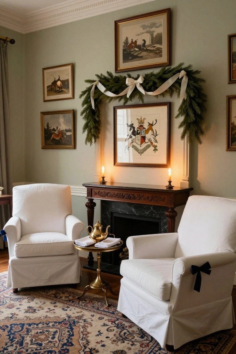 A living room corner featuring two white slipcovered armchairs with skirts and large bows, a marble fireplace with candles, a gold teapot on a round table, evergreen garlands with white ribbons draped over framed artwork, and pale green walls.