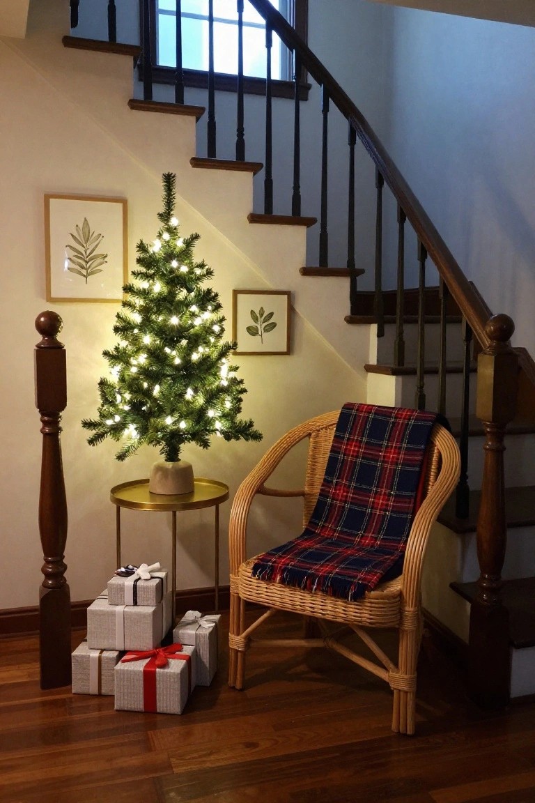 Small lit artificial Christmas tree on a gold tray stand with stacked wrapped gifts beside a wicker chair draped in plaid blanket at the base of wooden stairs with wall art nearby.