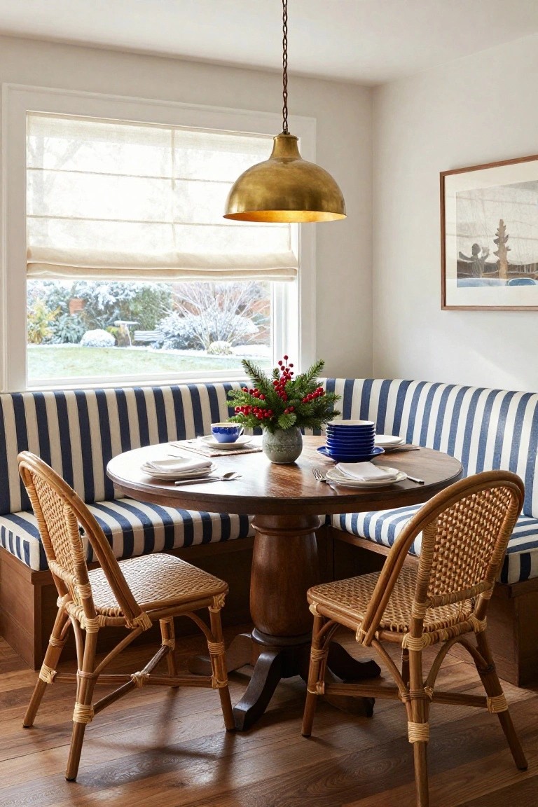 Breakfast nook featuring blue and white striped banquette seating around a round wooden pedestal table with rattan chairs, blue stacked plates, holly berry centerpiece in a ceramic pot, gold pendant light overhead, and window view of snowy yard.