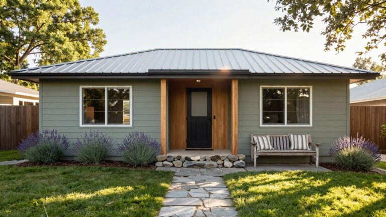 Sage green ranch-style house exterior with covered front porch, dark wood door, wooden benches on either side, lavender plants, stone pathway, and surrounding lawn and trees.