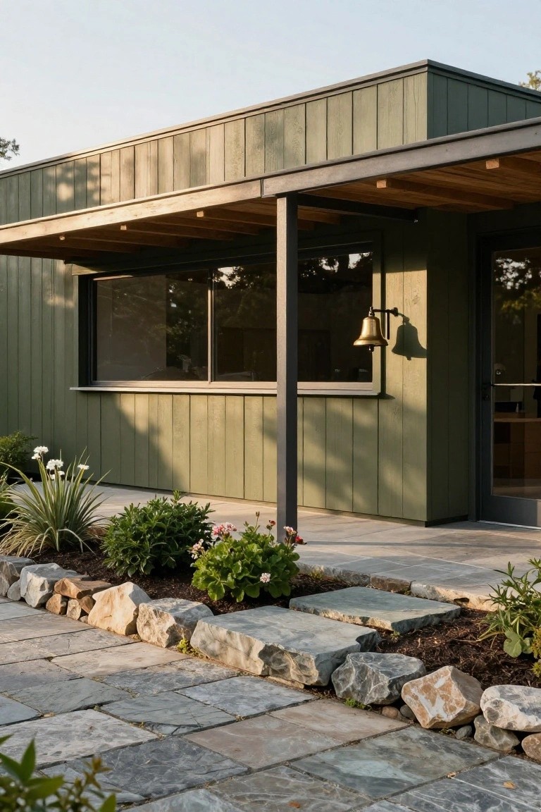 Green vertical board-and-batten sided ranch-style house exterior with covered entry supported by metal post, brass bell light, glass door and window, stone pathway, and border of rocks, plants, and agave.