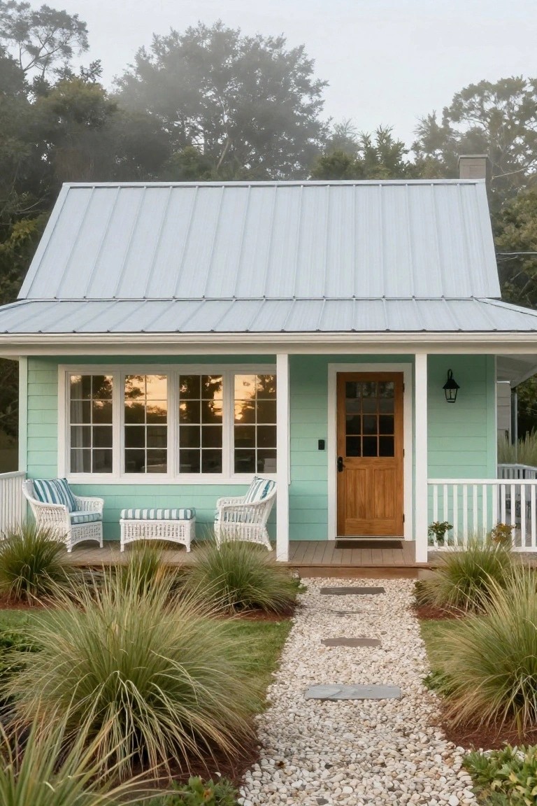 Small mint green ranch-style house with gabled gray metal roof, white trim, front porch with wicker chairs and ottoman, wood entry door, lantern light, and stone path through grasses and mulch.