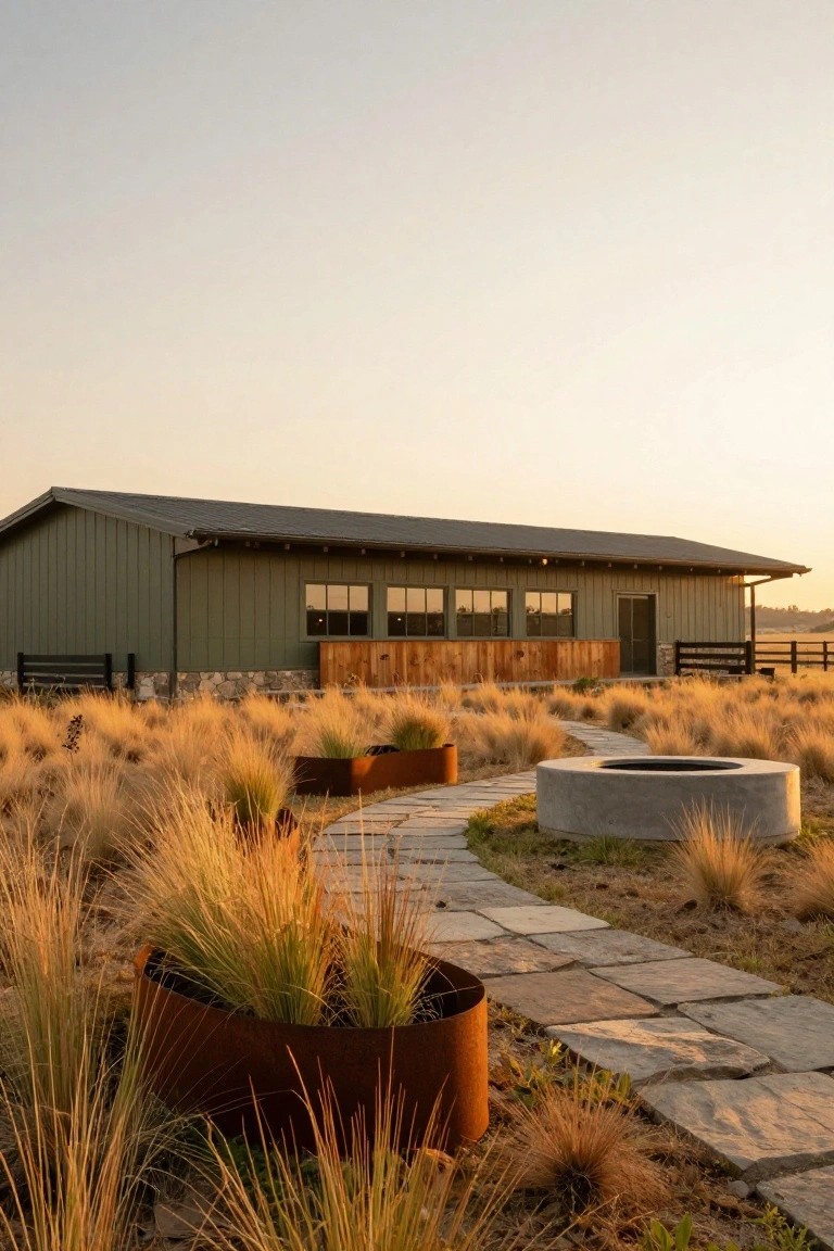 Green board-and-batten ranch house exterior with wooden entry panel, large windows, stone base, stone path to concrete fire pit, and tall grasses in a field at sunset.