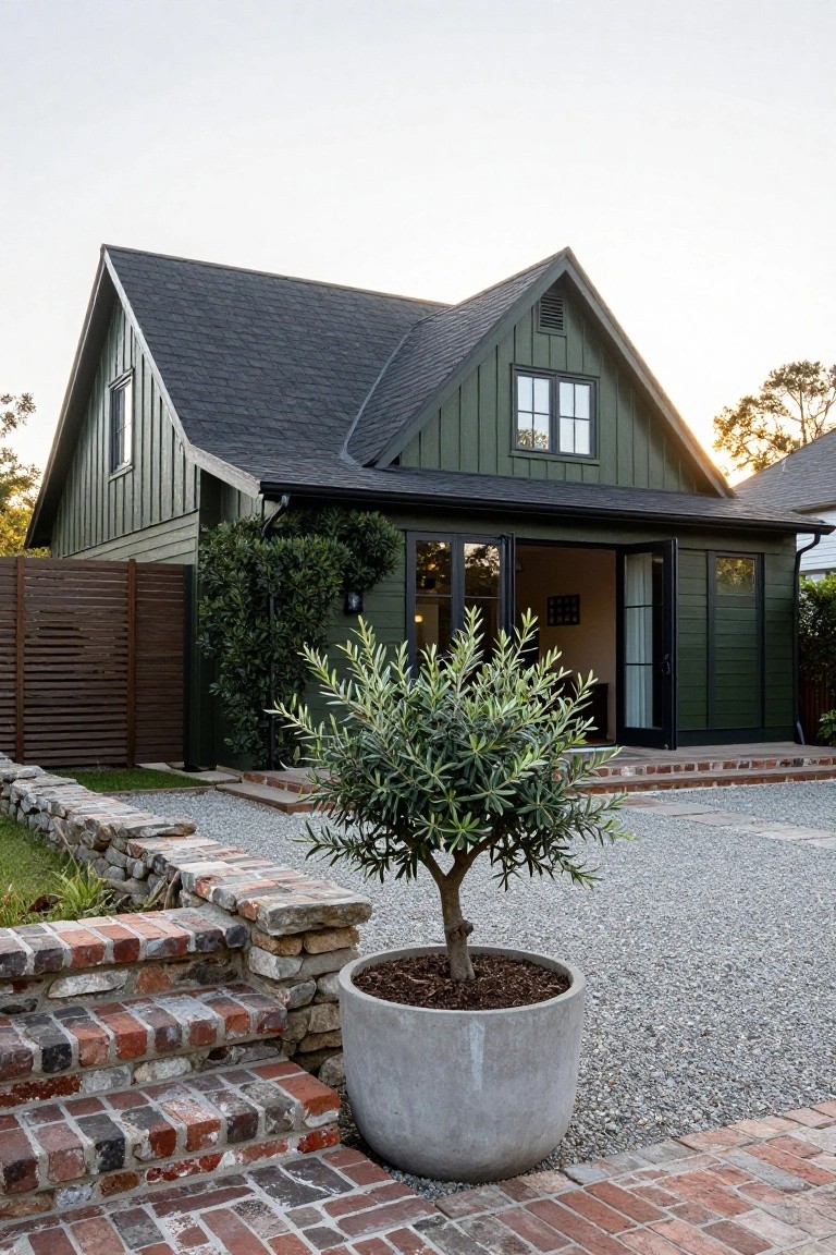 Green board-and-batten ranch-style house with gabled black roof, black-framed windows and open French doors on side addition, wooden slat fence, gravel courtyard, stone retaining wall with brick steps, and large potted olive tree in foreground.