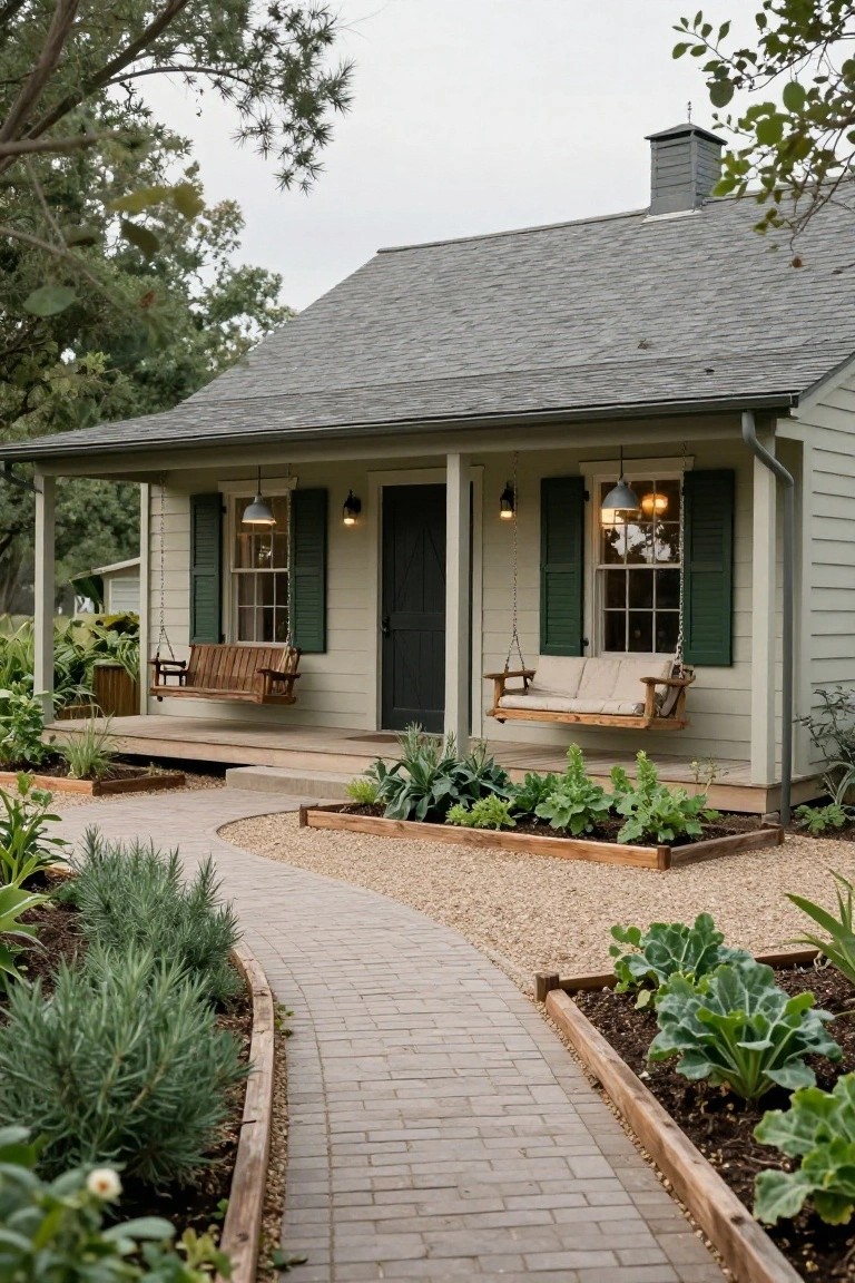 Sage green ranch-style house exterior with covered porch, two wooden swings hanging from chains, green shutters on windows flanking a black front door, raised garden beds with vegetables, and a curved brick path.