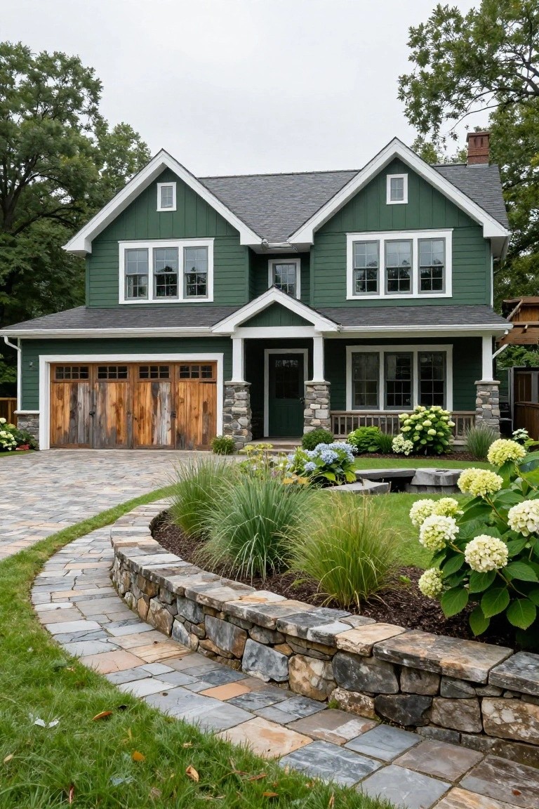 Green ranch-style house exterior with double rustic wooden garage doors, white trim, stone pillars at entry, curved paver driveway, and landscaped bed with hydrangeas, grasses, and stone wall edging.