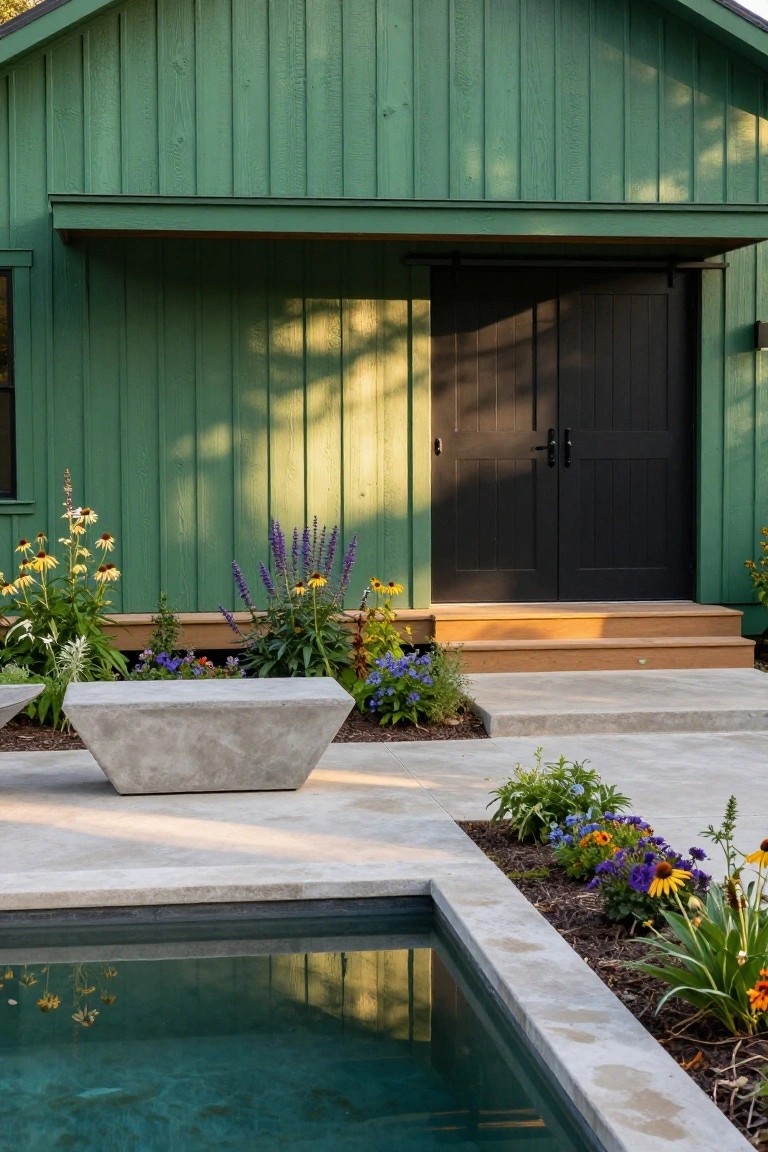 Green board-and-batten gabled structure with black double doors under a covered entry, flanked by flowers and plants, a square concrete bench nearby, and edge of a turquoise pool in foreground.