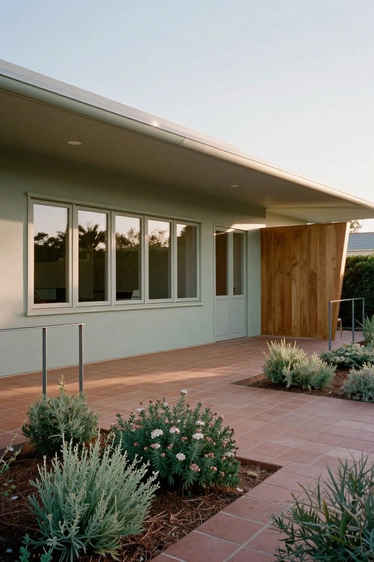 Pale green ranch-style house exterior with overhanging roof, large multi-pane windows, vertical slatted wooden entry screen, double doors, terracotta tile patio, and clustered drought-tolerant plants in raised beds.
