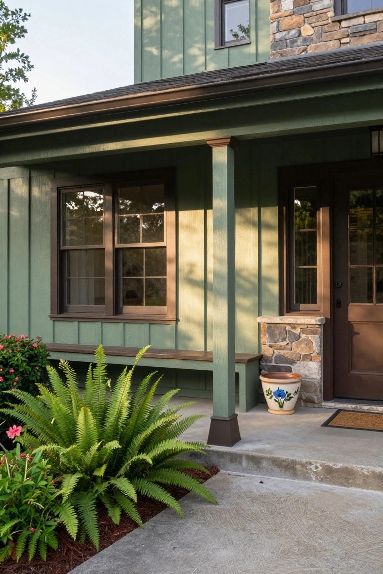 Side view of a pale green board-and-batten ranch house exterior with a covered porch, wood bench, stone pillar accents, ferns and plants at the base, and a large blue-and-white ceramic pot near the brown front door.