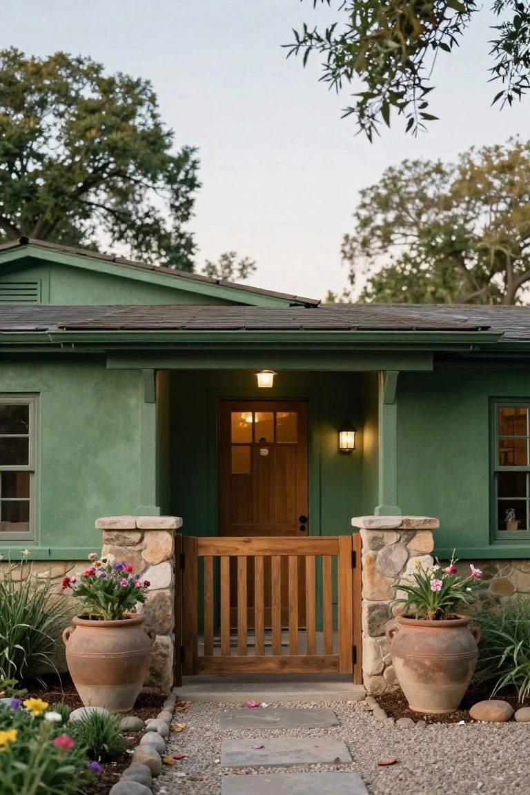 Sage green ranch-style house exterior featuring a wooden gate entry flanked by stone pillars and large terracotta pots with flowers, porch with front door and lights, stone path through gravel landscaping.