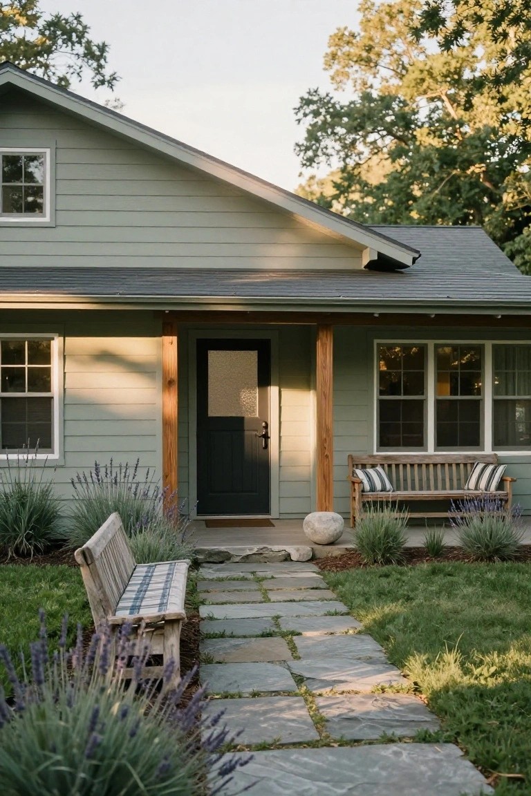 Sage green ranch-style house exterior with covered front porch, dark wood door, wooden benches on either side, lavender plants, stone pathway, and surrounding lawn and trees.
