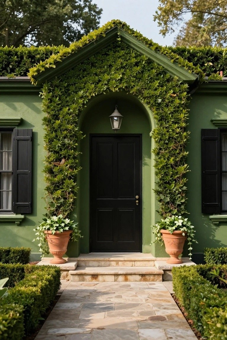 Mint green stucco house exterior featuring an arched entryway and walls covered in lush green climbing vines, a black front door with brass knob, black shutters on windows, large terracotta pots with white flowering plants on each side, stone steps, and boxwood hedges lining a stone path.